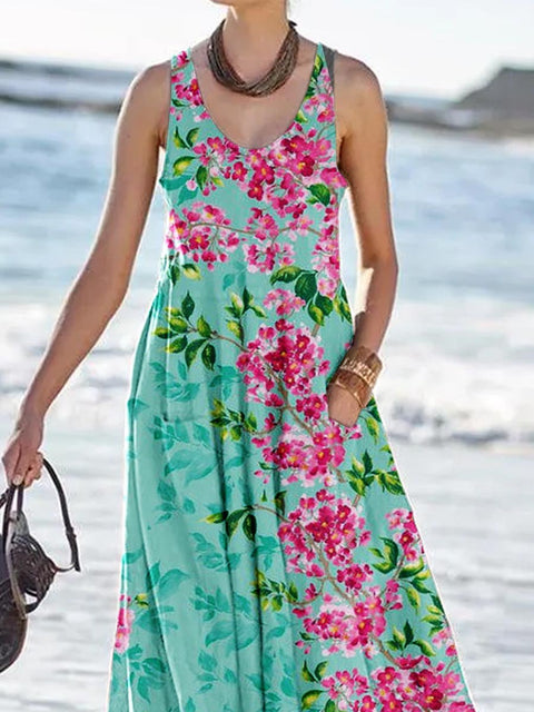 Women's Floral Print Resort Tank Top Dress with Pockets