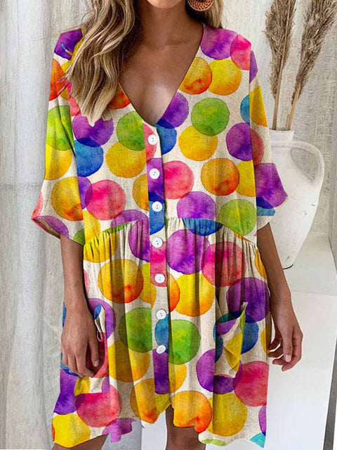Women's Summer Rainbow Watercolor Polka Dot Print Cotton And Linen Dress