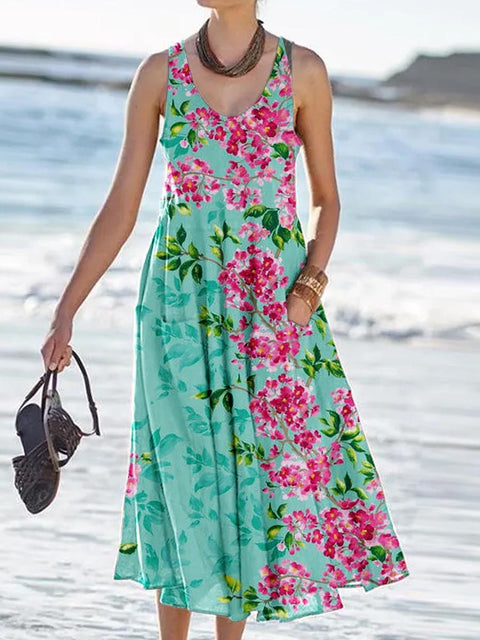 Women's Floral Print Resort Tank Top Dress with Pockets