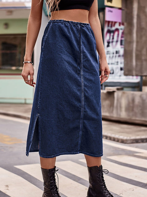 Women's Semi-elastic Waist Drawstring Denim Midi Skirtskirt