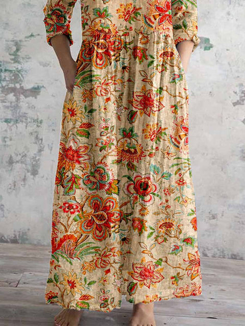 Women's Rose Floral Pattern Cotton And Linen Dress
