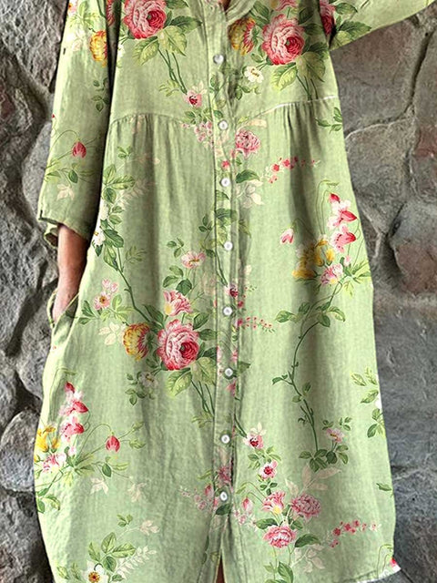 Women's Rose Floral Pattern Cotton and Linen Shirt Dress