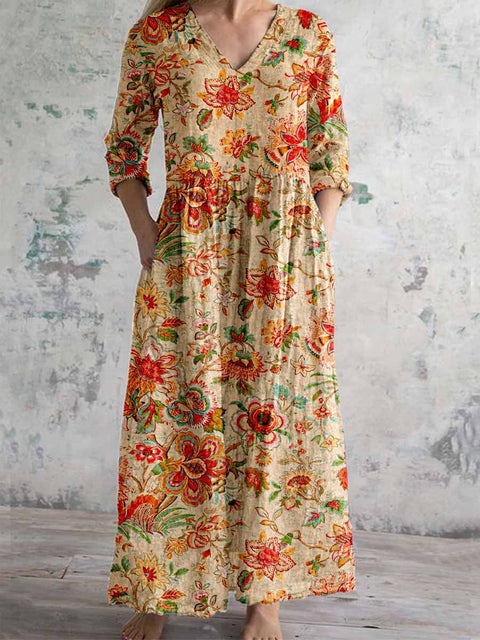 Women's Rose Floral Pattern Cotton And Linen Dress