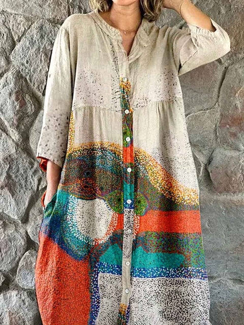Women's Art Quicksand Pattern Shirt Style Cotton and Linen Dress