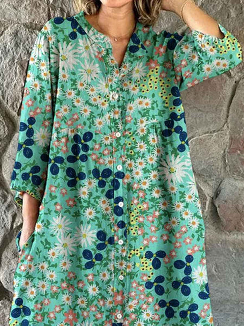 Women's Elegant Floral Pattern Shirt Style Cotton and Linen Dress