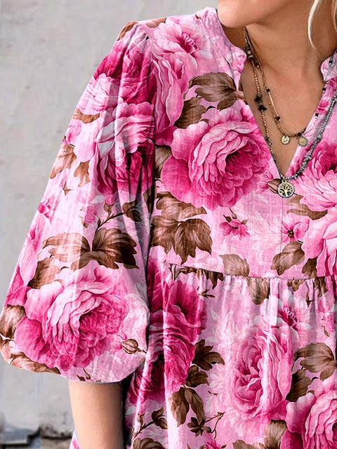 Women's Art Floral Pattern Casual Cotton Top
