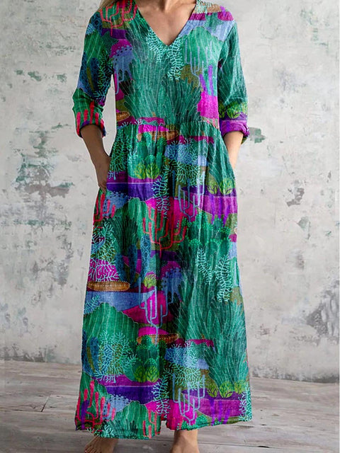 Women's Round Neck Undersea World Print Pattern Dress With Pockets