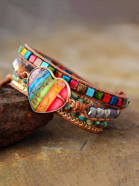 Heart Shaped Natural Imperial Stone Leather Wrapped Bracelet