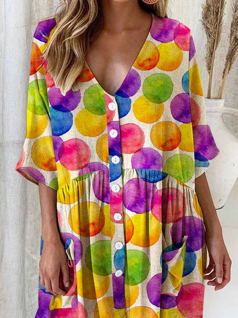 Women's Summer Rainbow Watercolor Polka Dot Print Cotton And Linen Dress